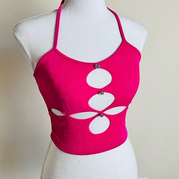 Neon Hot Pink Slinky Cut Out Rhinestone Crystal Embellished Tank Top - Picture 2 of 5